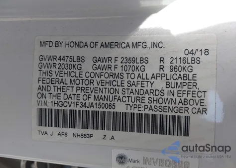 2018 Honda Accord Sport из США, поврежденный, VIN 1HGCV1F34JA150065